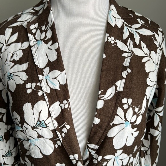 Land’s End 100% Linen Brown/White Floral Print Womens Blazer Classic Size 10 - Picture 9 of 15